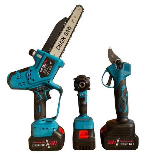 3В1 Немски Безчеткови Резачка с автоматично омасляване, Ножица и Ударен Винтоверт + две батерии и 50 части в куфар