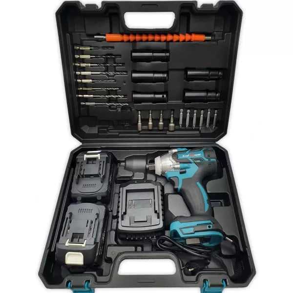 Безчетков акумулаторен ударен гайковерт-винтоверт KraftRoyal 36V 8Ah 850 N/m. с 25 части в куфар